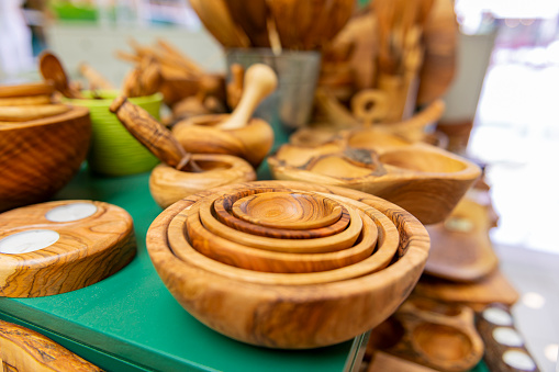 Picture of Wooden handmade kitchen attributes. Crete, Greece