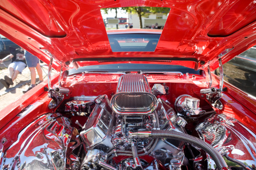 View at the Costumized V8 Engine of a muscle car.