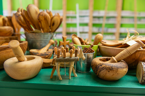 Picture of Wooden handmade kitchen attributes. Crete, Greece