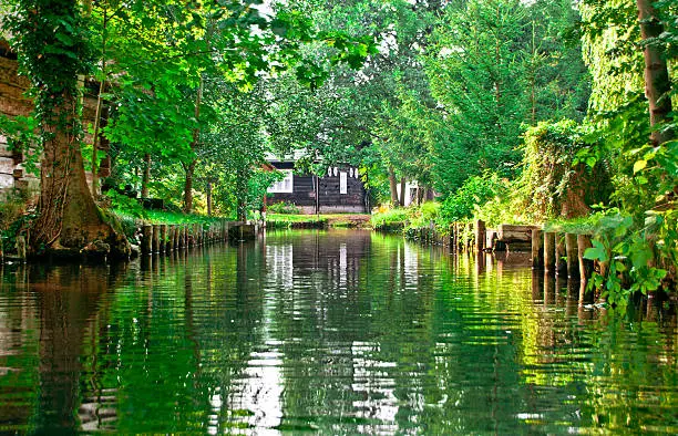 'Spreewald is a landscape in East Germany (near Cottbus). The river "Spree" floats here trough a deep forest and you can explore this landscape by boat. Everywhere are views to trees, boats, wooden houses and small holiday houses. Photo taken from boat.