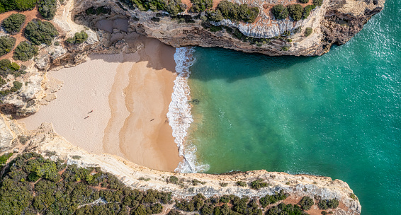 Aerial view of Praia das Fontainhas beach in South Algarve, near the famous Albandeira beach, Lagoa, Portugal