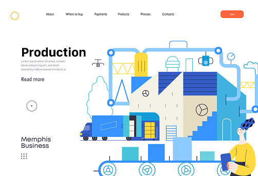 business illustration. Production -modern flat vector concept illustration of a big factory, warehouse, loading the track, a woman inventorying production. Corporate process metaphor.
