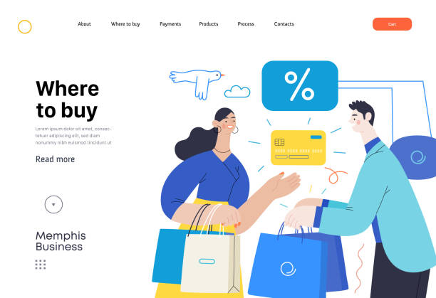 business flat vector illustration - where to buy business illustration. Where to buy -modern flat vector concept illustration of a woman paying with her credit card for purchase to a consultant in a shop. Commerce business sales metaphor. impulse shopping stock illustrations
