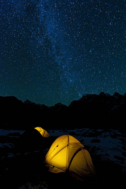 istock Milky Way stars yellow dome tents mountain peaks 155144700