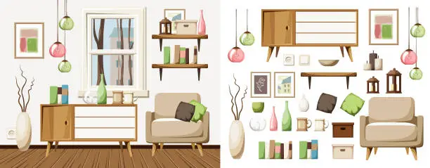 Vector illustration of Cozy autumn living room interior. Furniture set. Interior constructor. Cartoon vector illustration