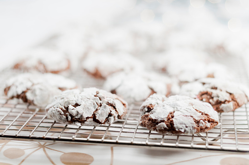 Chocolate crinkle cookies arranged on a baking tray with christmas lights in background.