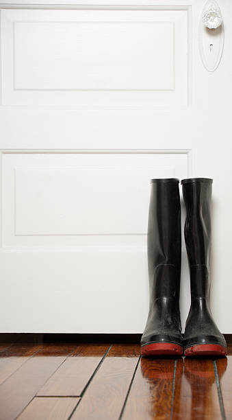 istock Black galoshes in front of white door 155146067