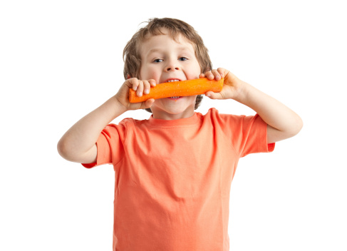 small boy eating carrot isolated on white