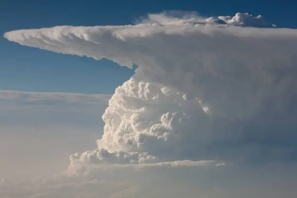 Aerial view of a 60,000 foot tall super cell thunderstorm over central Texas