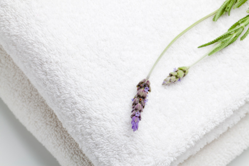 Two towels on white with lavender.