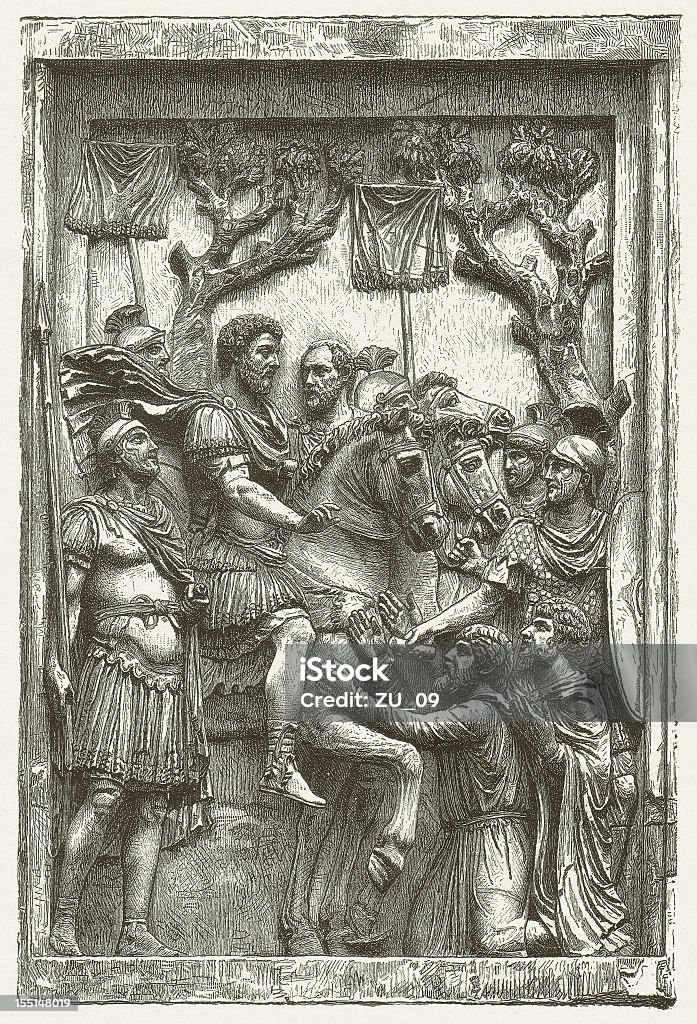 Marcus Aurelius (161-180 AD), from Arch of Marcus Aurelius, Rome Emperor Marcus Aurelius (also Marc Aurel, 161-180 AD) pardoned Marcomannic chieftains. Wood engraving after a bas-relief from the Arch of Marcus Aurelius, Rome, now in the Capitoline Museum in Rome, published in 1880. Marcus Aurelius stock illustration