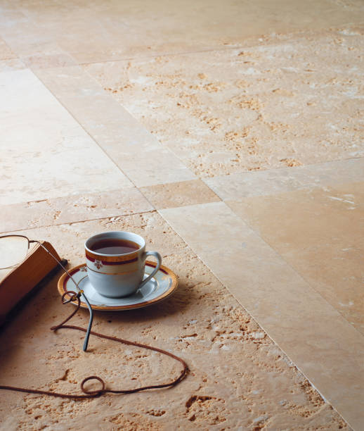 Turkish Coffee, Book with Reading Glasses on Marble Floor