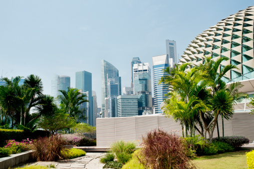 Central business district in Singapore with the Entertainment Center and garden.