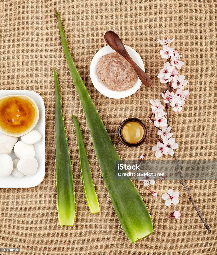 Ancora la vita con aloe vera, dello scrub allo zucchero, miele e fiori - Foto stock royalty-free di Aloe