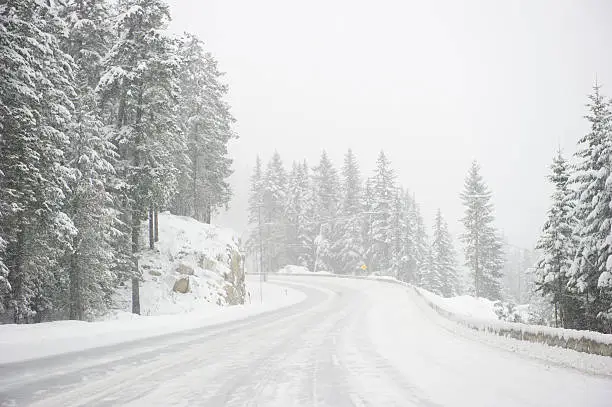 Photo of Wide windy highway blizzard thru snow covered forest