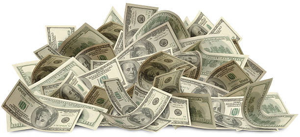 Bigger Bucks with path Large Pile of One Hundred Dollar Bills isolated on a white background. Clipping path included. Second of three part series. bringing home the bacon stock pictures, royalty-free photos & images