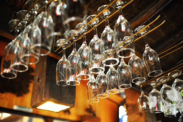 Glasses hanging above the bar counter