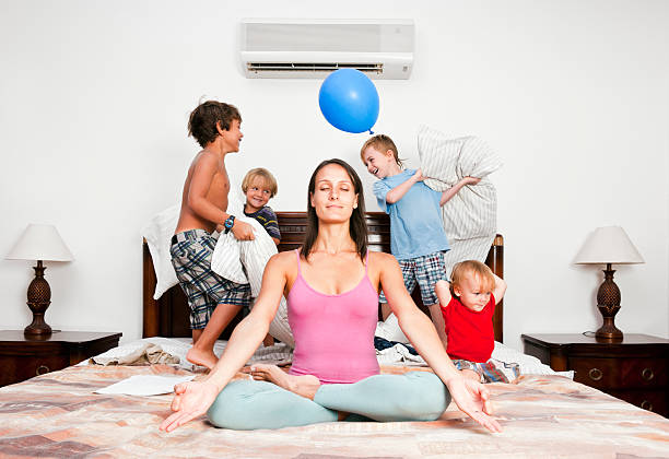 meditation time, yoga, mother, relaxation. - låtsasbråk bildbanksfoton och bilder