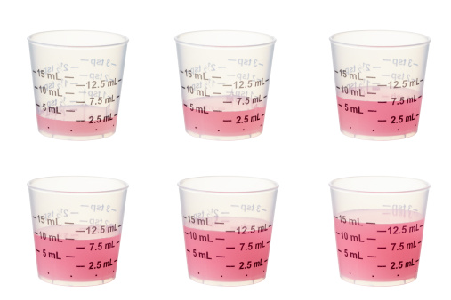 Graduated measuring cups composed into 1 shot with 2.5ML, 5ML, 7.5ML, 10ml, 12.5ML and 15ML containing kids medicine.  Larger files include clipping path.  Professionally shot, color corrected, exported 16 bit color and retouched for maximum image quality.