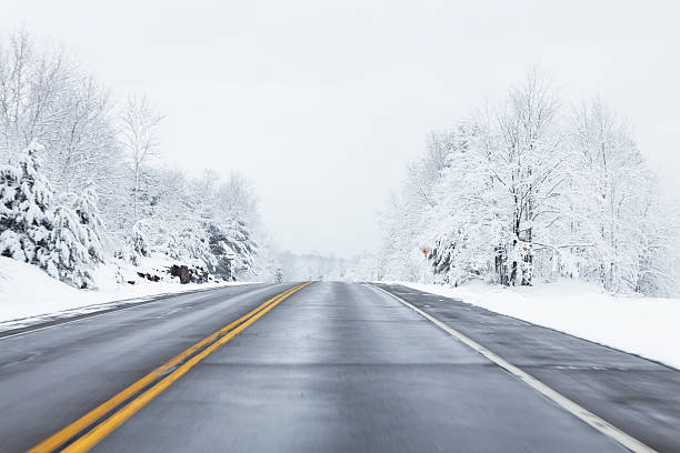 eccesso di velocità su strada di inverno - road street sign slippery foto e immagini stock