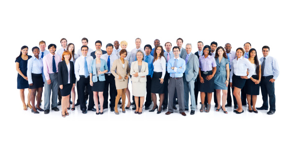 Serious and diverse group of people. Isolated on a white background.