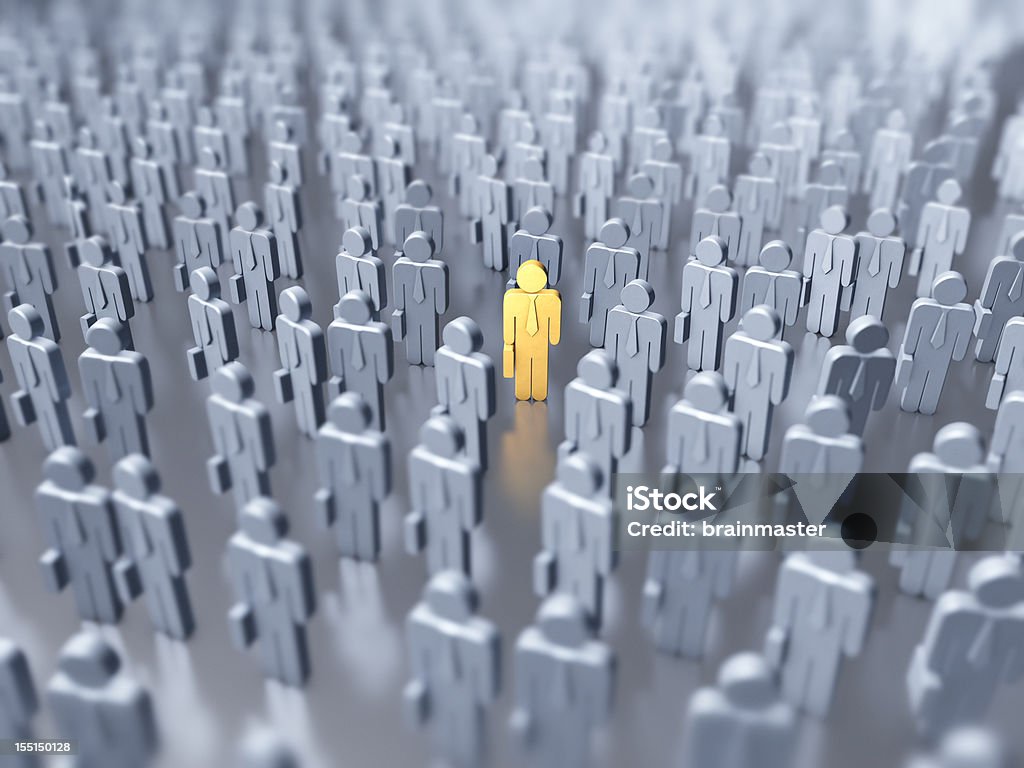 Numerous gray figures with one yellow figure in the middle 3D rendered gold person standing out from the rest with a soft cold bluish tone. Crowd of People Stock Photo