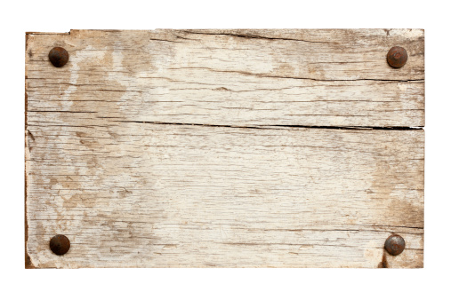 White grunge wood board with four rusty bolts, isolated on white, clipping path included. 
