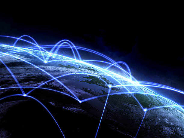 istock Graphic 3D light lines over the earth from space 155150479