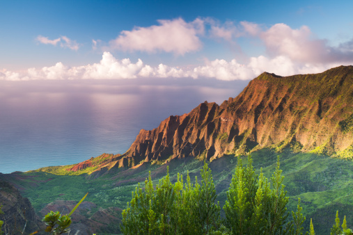 Beautiful scenery of green mountains at sunset in Madeira. Pico do Arieiro