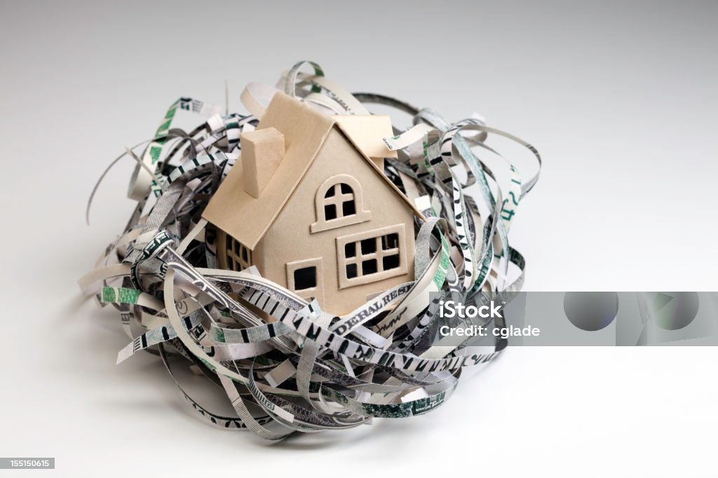 Nest Egg with House Real estate, housing, investment concept with house in nest made of US Dollars Foreclosure Stock Photo