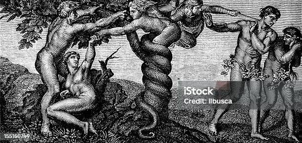 Давид Великого Микеланджело Eve И Тиснением Под Змею — стоковая векторная графика и другие изображения на тему Адам