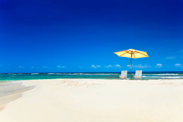 istock Summer tropical white sand beach with umbrella and chairs 155150860