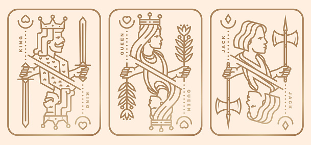 Set of playing card king, queen, jack. Vector illustration. Esoteric, magic Royal playing card king, queen, jack design collection. Line art minimalist style.
