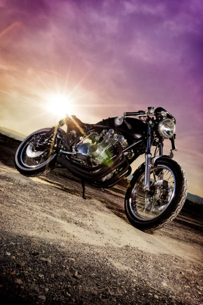 Sun bouncing off a retro Cafe Racer motorcycle stock photo