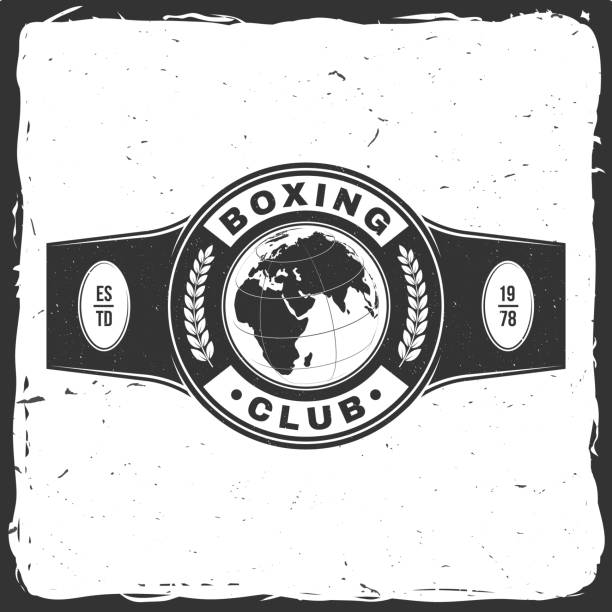 Boxing club badge, emblem design. Vector illustration. For Boxing sport club emblem, sign, patch, shirt, template. Vintage monochrome label, sticker with champion belt Silhouette. Boxing club badge, emblem design. Vector illustration. For Boxing sport club emblem, sign, patch, shirt, template. Vintage monochrome label, sticker with champion belt Silhouette head protector stock illustrations