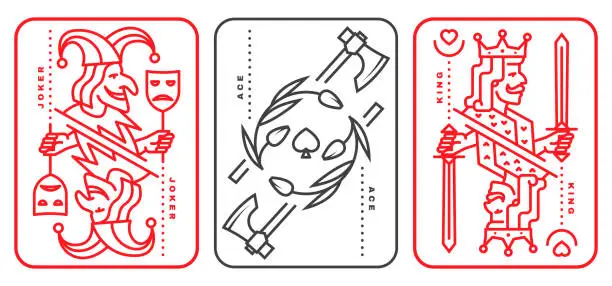 Vector illustration of Set of playing card king, joker, ace. Vector illustration. Esoteric, magic Royal playing card king, joker, ace design collection. Line art minimalist style