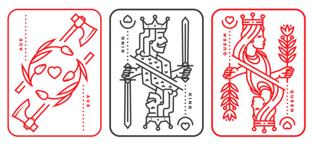 Set of playing card king, queen, ace. Vector illustration. Esoteric, magic Royal playing card king, queen, ace design collection. Line art minimalist style Set of playing card king, queen, ace. Vector illustration. Esoteric, magic Royal playing card king, queen, ace design collection. Line art minimalist style. red crown logo stock illustrations