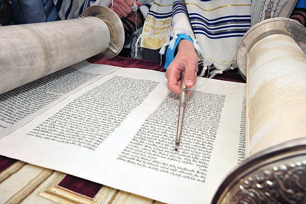 Boy reading Torah Bar Mitzvah stock photo