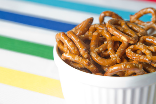 a photo of a tasty baked snack called pretzel,in a white background