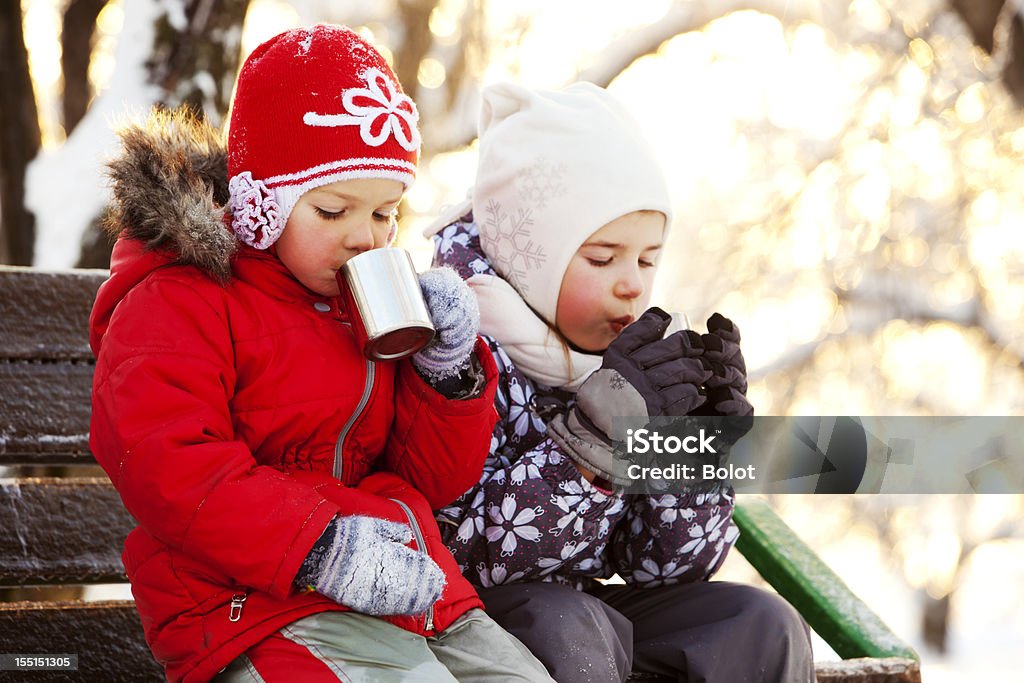 Zwei kleine Mädchen trinken heißen Tee im Winter Park - Lizenzfrei 2-3 Jahre Stock-Foto
