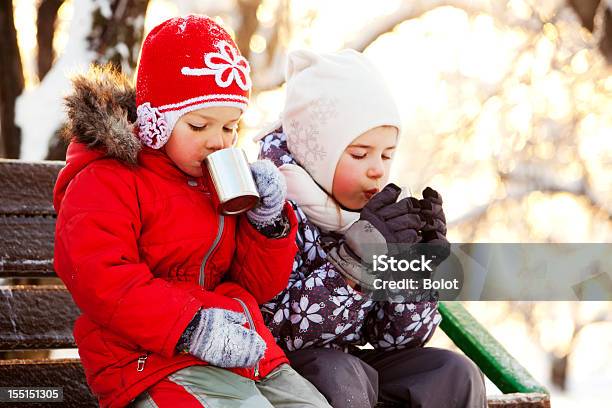 Zwei Kleine Mädchen Trinken Heißen Tee Im Winter Park Stockfoto und mehr Bilder von 2-3 Jahre
