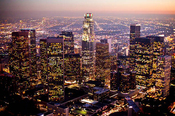 aerial view of the Los Angeles downtown at dusk