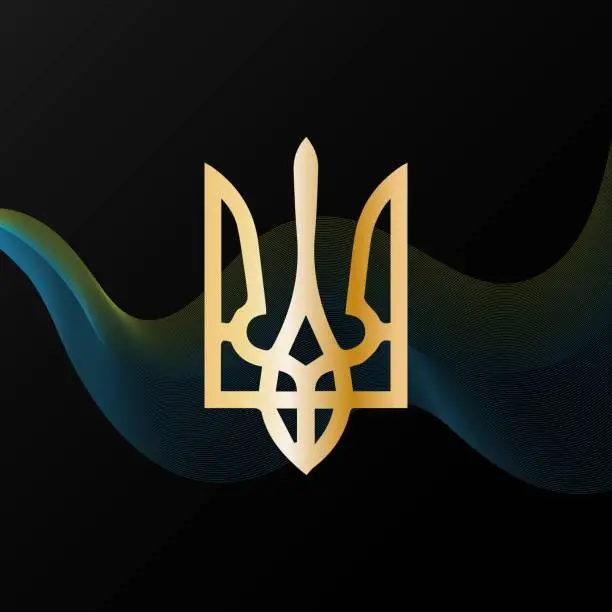 Vector illustration of Ukrainian trident and flag on a dark background. Ukrainian national symbols vector poster template