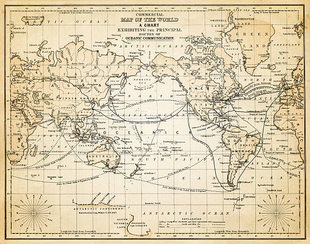 ilustraciones, imágenes clip art, dibujos animados e iconos de stock de mapa del mundo, 1883 - paso marítimo