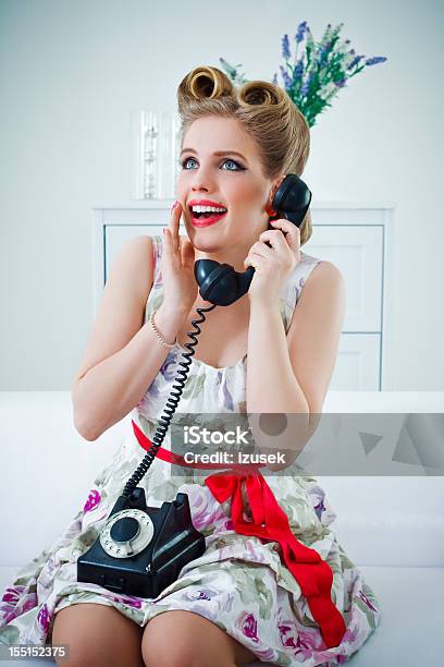 Happy Retro Woman On The Phone Stock Photo - Download Image Now - 25-29 Years, Adult, Adults Only