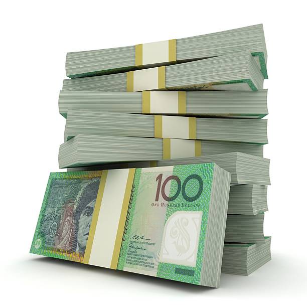 billet de dollars australiens - currency stack dollar heap photos et images de collection