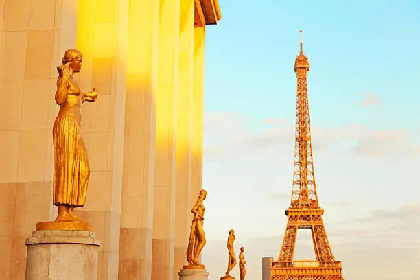Eiffel Tower from Trocadero at sunset - everything seems golden, including the Eiffel Tower itself