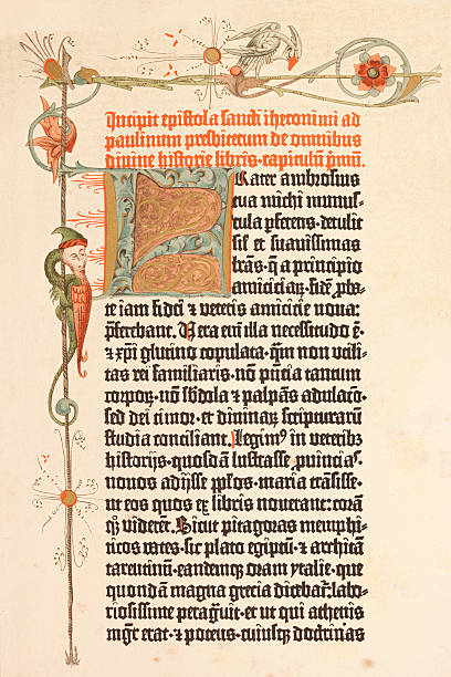 gravieren seite des gutenberg bibel gedruckt in 1455 - 16th century style stock-fotos und bilder