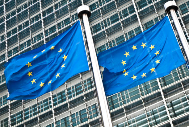 istock Pair of EU flags at European Commission, Brussels 155152714