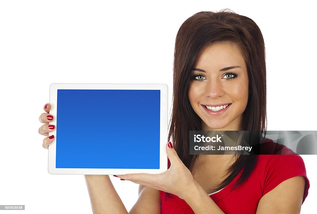 Jeune femme tenant une tablette ordinateur écran bleu, vide - Photo de Adolescent libre de droits